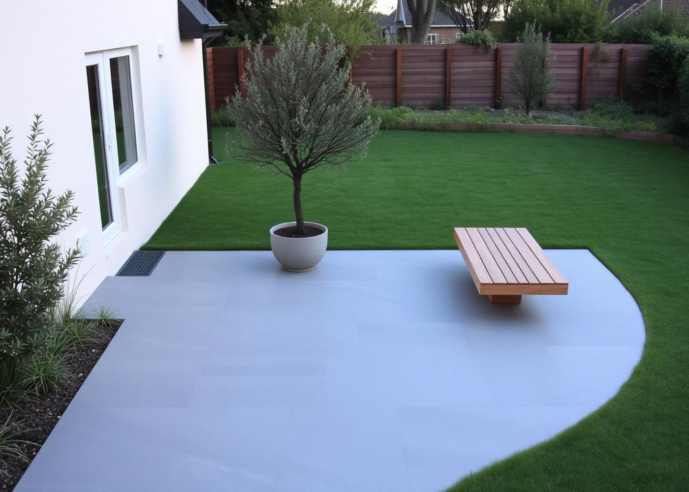New porcelain patio with olive tree